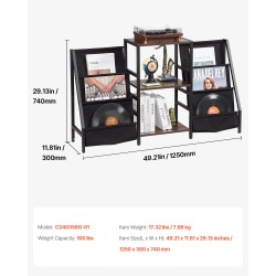 Kolmitasoinen levysoitintaso metallirungolla puisilla hyllyillä kangaslaukulla