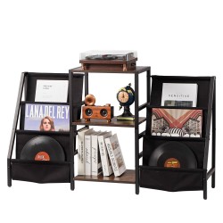 Kolmitasoinen levysoitintaso metallirungolla puisilla hyllyillä kangaslaukulla