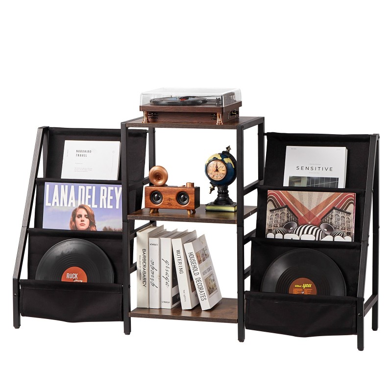 Kolmitasoinen levysoitintaso metallirungolla puisilla hyllyillä kangaslaukulla