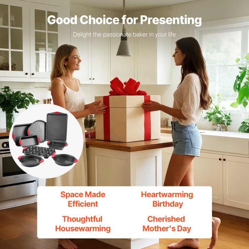 Kahdeksanosainen hiiliteräksinen leivontavuokasetti viisi suorakaide- ja kolme pyöreää vuokaa tarttumaton pinnoite