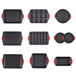 Uunivuokasetti 10 osainen hiiliteräksinen tarttumattomalla Teflon pinnoitteella 7 suorakulmaista ja 3 pyöreää vuokaa
