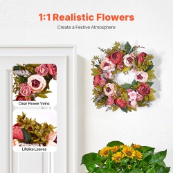 Keinotekoinen koristekranssi silkkikukilla ja pajupohjalla noin 48 senttimetriä vaaleanpunainen