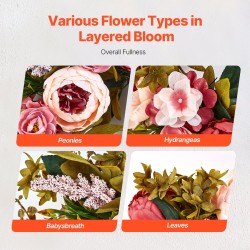 Keinotekoinen koristekranssi silkkikukilla ja pajupohjalla noin 48 senttimetriä vaaleanpunainen