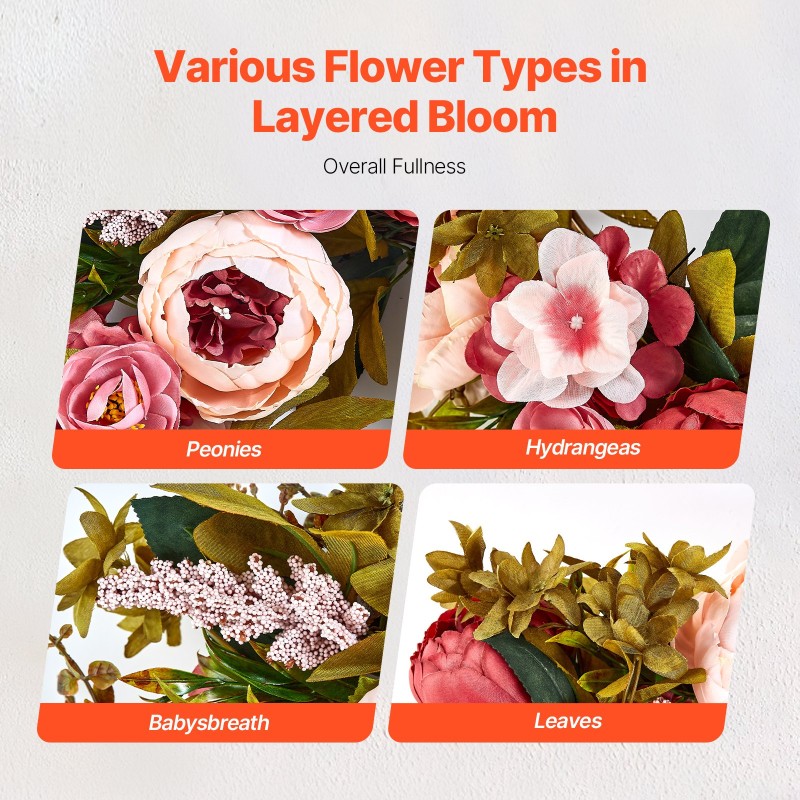 Keinotekoinen koristekranssi silkkikukilla ja pajupohjalla noin 48 senttimetriä vaaleanpunainen