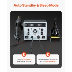 Kaksitoiminen kuumailma ja juotosasema metallirunkoinen kahdeksansataakaksikymmentä wattia elektroniikkakorjaukseen sisältää