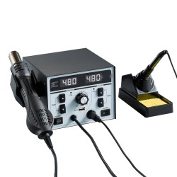 Kaksitoiminen kuumailma ja juotosasema metallirunkoinen kahdeksansataakaksikymmentä wattia elektroniikkakorjaukseen sisältää