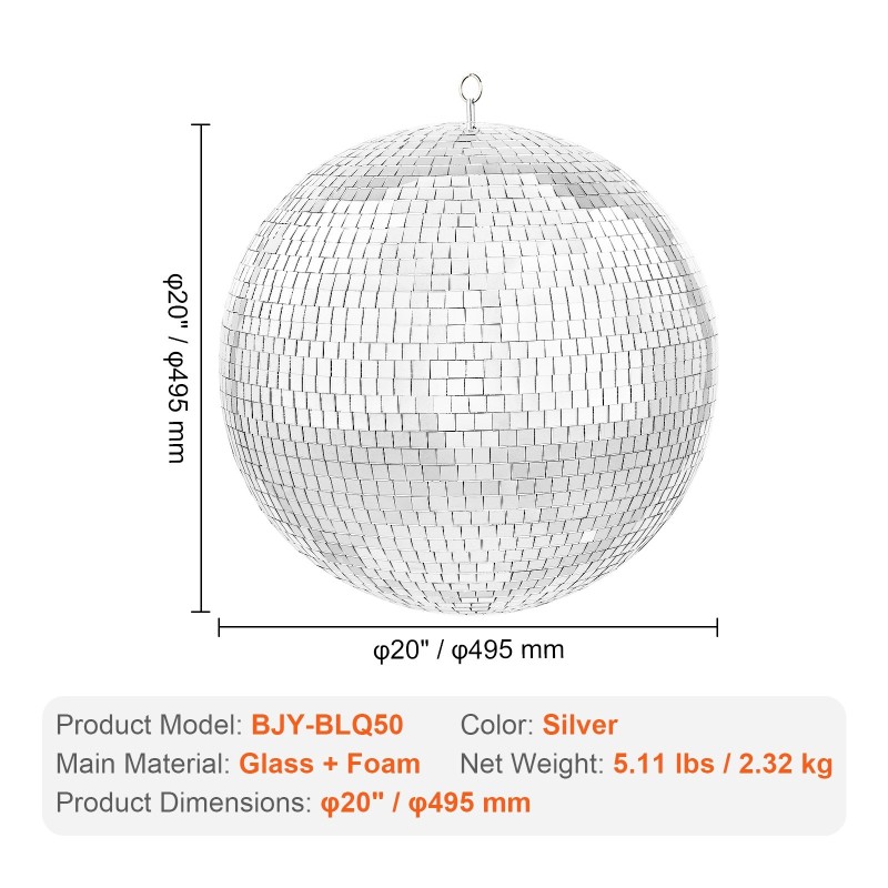Diskopallo halkaisija 495 mm lasipeileillä hopea kiinteällä hiiliteräksisellä ripustuslenkillä