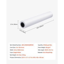 Suurkokotulostuspaperi 24 tuumaa 80 g/m² 8 rullaa puhdasta puumassaa teknisiin piirustuksiin