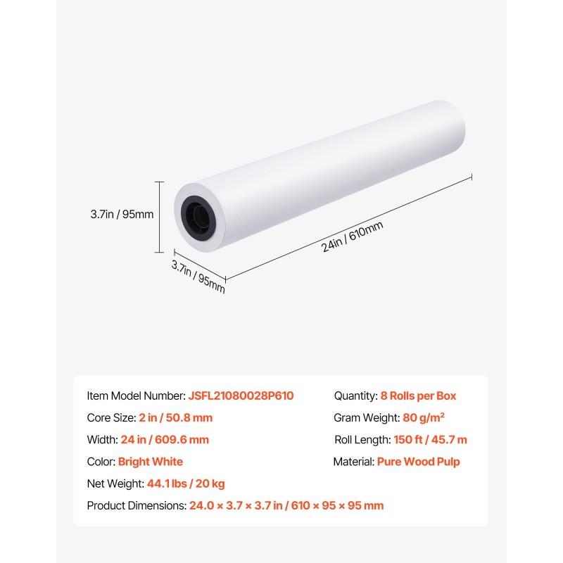Suurkokotulostuspaperi 24 tuumaa 80 g/m² 8 rullaa puhdasta puumassaa teknisiin piirustuksiin