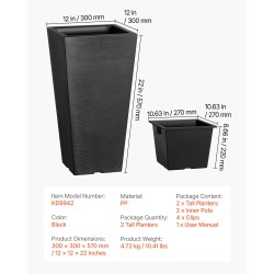 Istutusruukut 2 kpl PP-muovista 57 cm musta kapeneva neliömuoto sisä- ja ulkokäyttöön