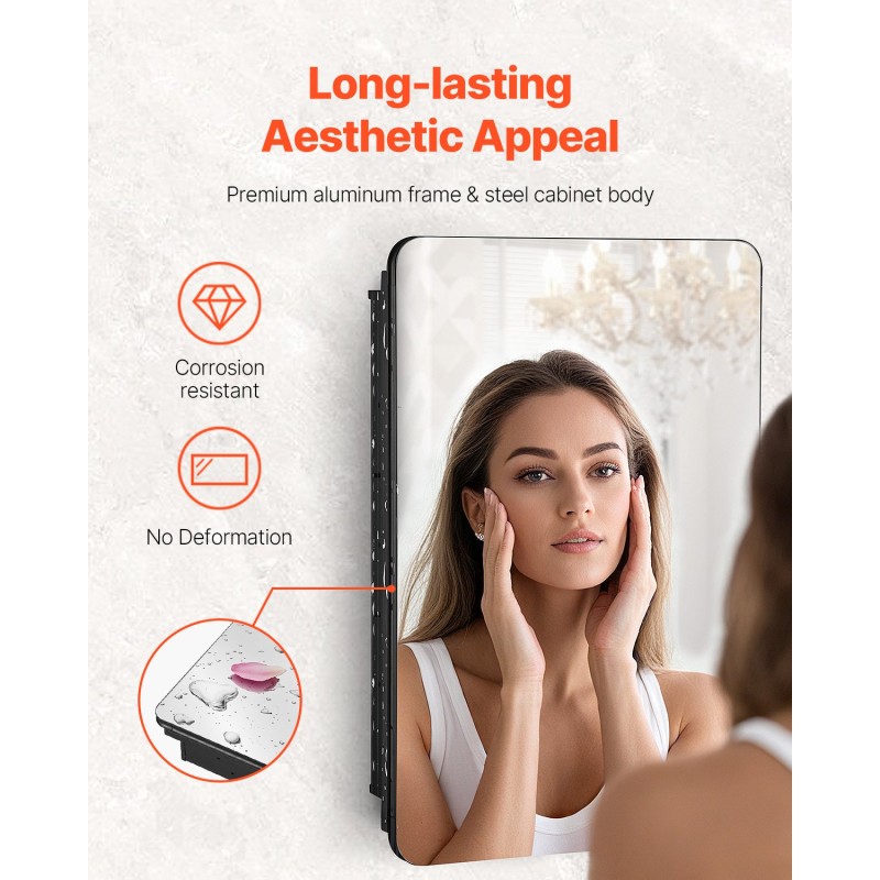 Kylpyhuoneen lääkekaappi peiliovella teräsrunko neljä säädettävää karkaistua lasihyllyä käännettävä ovi