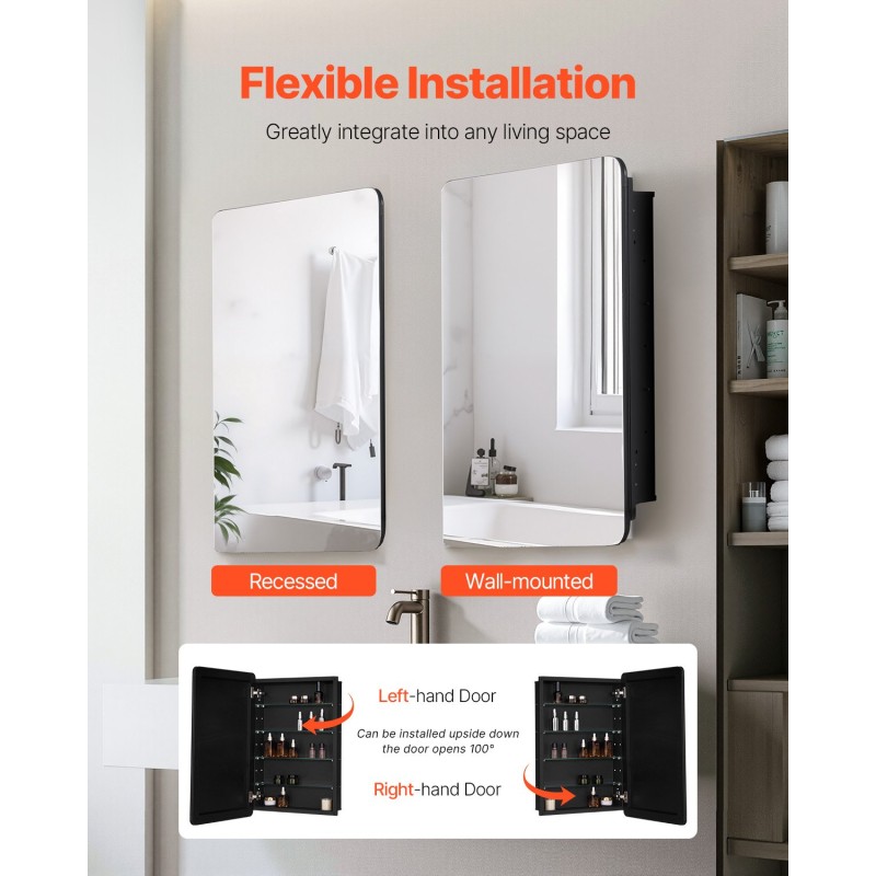 Kylpyhuoneen lääkekaappi peiliovella teräsrunko neljä säädettävää karkaistua lasihyllyä käännettävä ovi