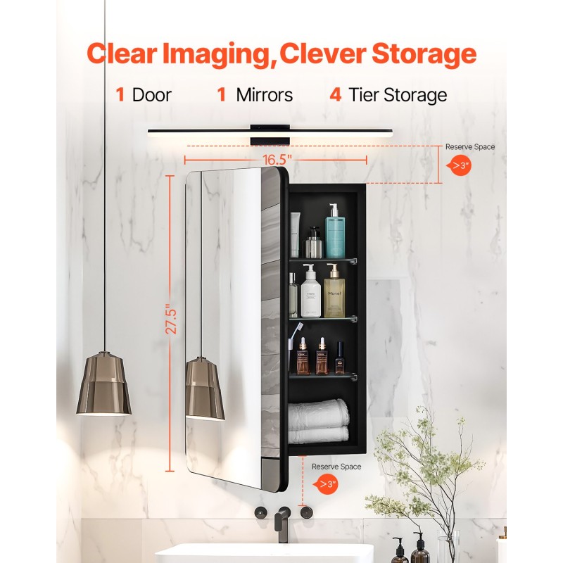 Lääkekaappi peilillä alumiinirunko karkaistut lasihyllyt kolme hyllyä upotettava tai seinälle asennettava