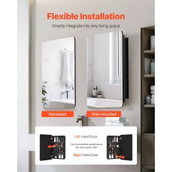 Lääkekaappi peilillä alumiinirunko karkaistut lasihyllyt kolme hyllyä upotettava tai seinälle asennettava