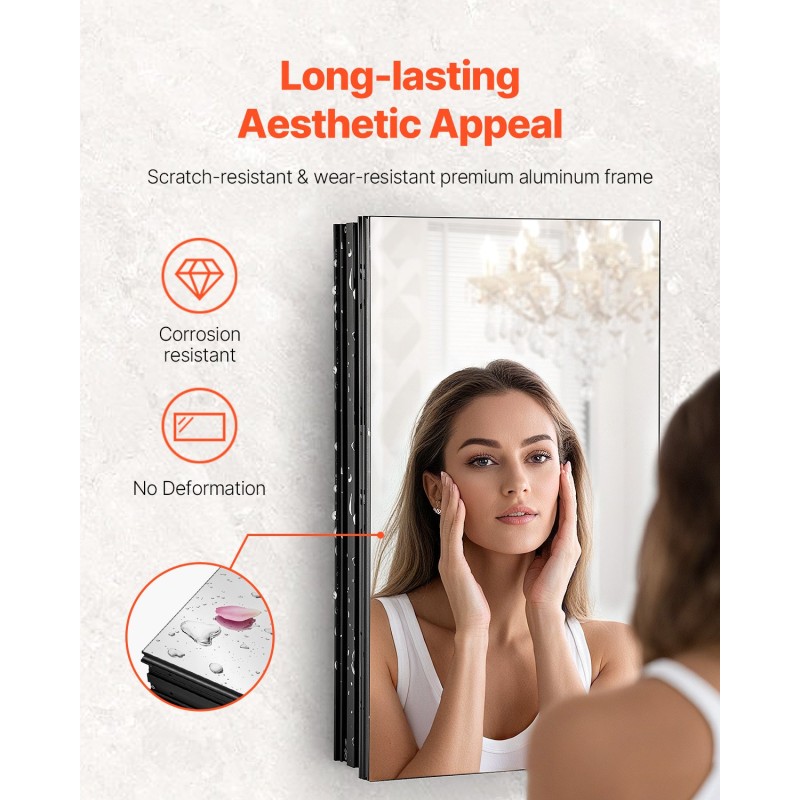 Peilikaappi alumiinirunko 355×135×610 mm 2 säädettävää hyllyä uppoasennus tai seinäasennus