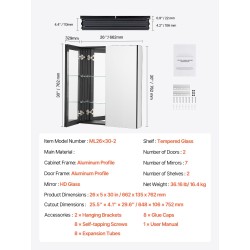 Peilillinen lääkekaappi kylpyhuoneeseen alumiinirungolla kaksi säädettävää hyllyä