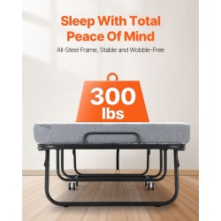 Taitettava rullasänky metallirunkoinen 136 kilogramman kantavuus 10 senttimetrin vaahtopatja pyörillä