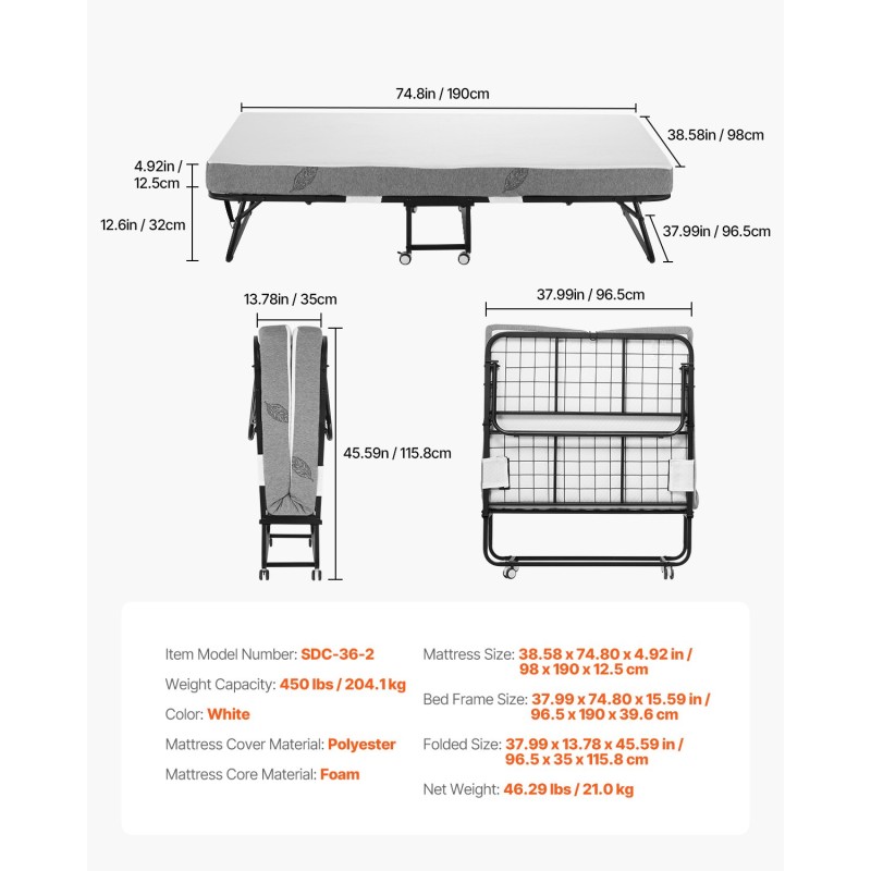 Taitettava vierassänky metallirungolla vaahtomuovipatjalla 98×190 senttimetriä kantavuus 204 kiloa