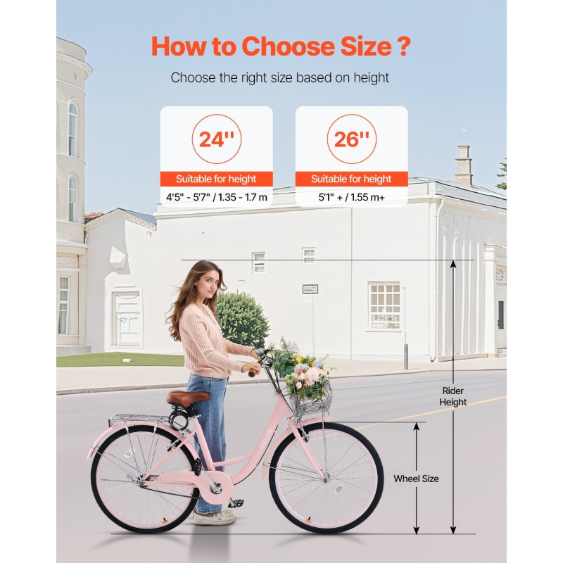 Cruiser-pyörä 26-tuumainen pinkki hiiliteräsrunko etukori takateline kaupunkiajoon