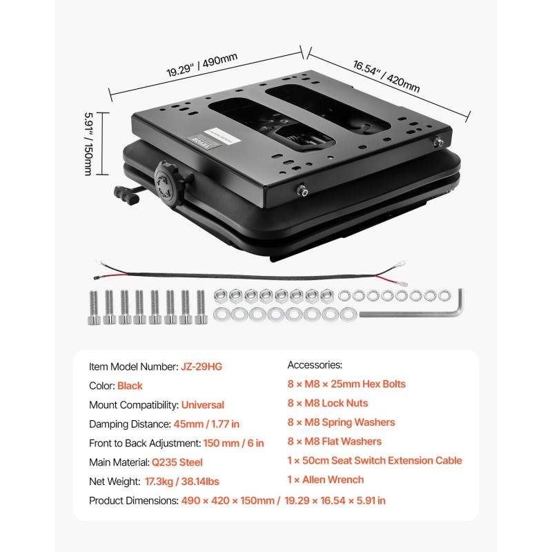 Ilmajousitettu istuimen jousitus terästä 490x420x150 mm yleismallinen
