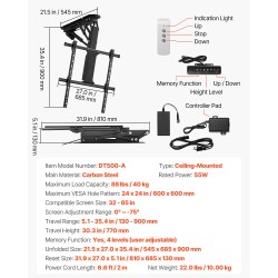 Kattoon asennettava sähköinen televisioteline 32–65 tuumaa 40 kg VESA 600x600 mm hiiliteräs