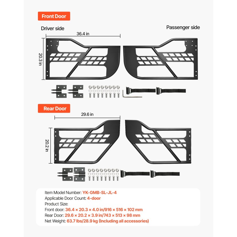 Putkirakenteiset metalliset ovet 4-oviselle Jeep Wranglerille ja Gladiatorille