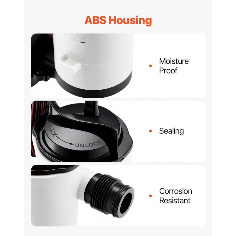 Uppoasennettava livewell-pumppu ABS runko veneisiin 50 l/min 12 V