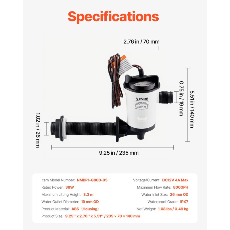 Uppoasennettava livewell-pumppu ABS runko veneisiin 50 l/min 12 V