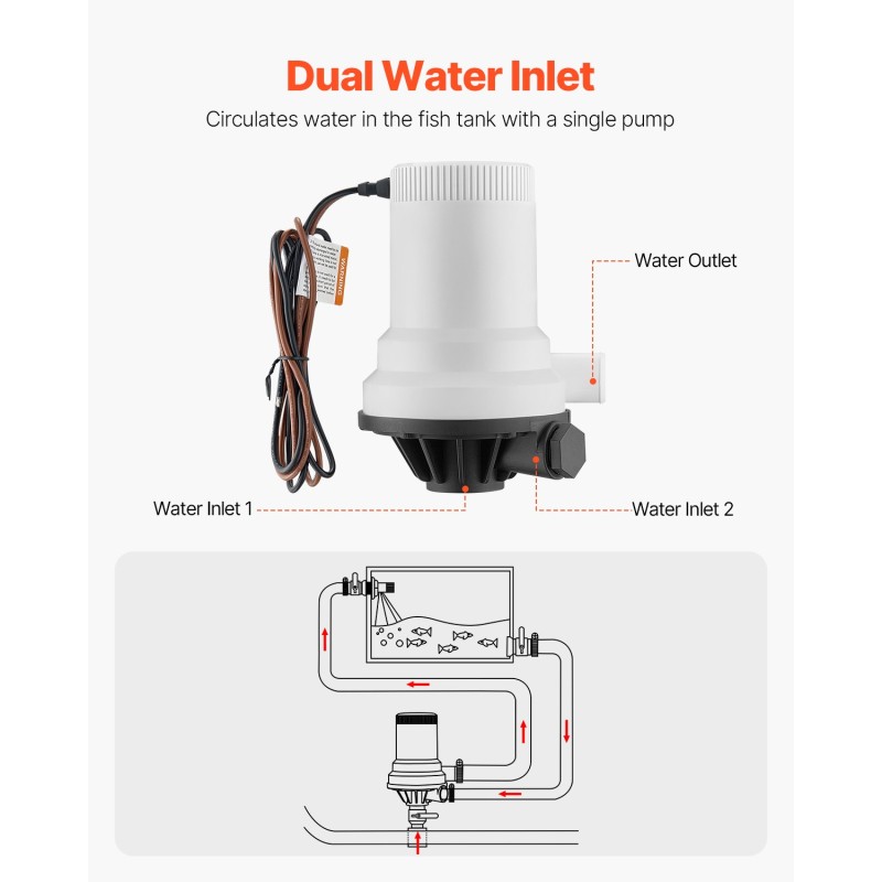 Veneen kalasäiliöpumppu ABS-kotelo 101 l/min kaksoissisääntuloilla 12V IPX7