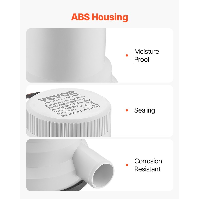 Veneen kalasäiliöpumppu ABS-kotelo 101 l/min kaksoissisääntuloilla 12V IPX7