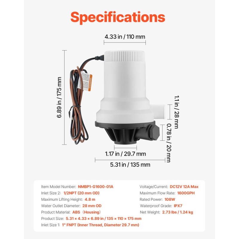 Veneen kalasäiliöpumppu ABS-kotelo 101 l/min kaksoissisääntuloilla 12V IPX7