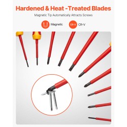 Eristetty 11-osainen ruuvimeisselisarja 1000V magneettikärjillä ergonomisilla kahvoilla jännitetesterillä sähköasennuksiin