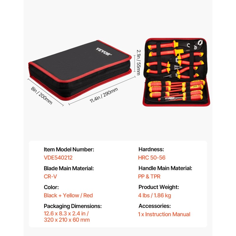 12-osainen eristetty ruuvimeisseli- ja pihdisarja 1000 V magneettikärjillä työkalulaukulla