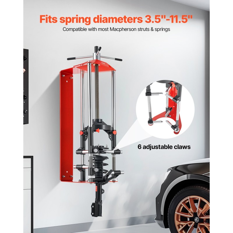 Jousipuristin teräsrunkoinen McPherson-tyyppisille iskunvaimentimille 4-portainen säätö 1,4 tonnin maksimikuorma