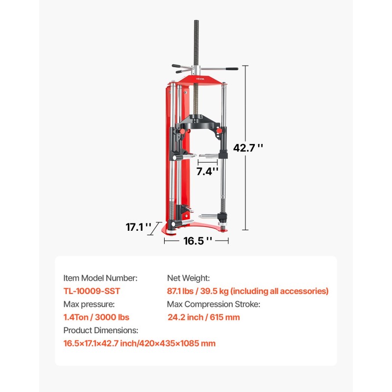 Jousipuristin teräsrunkoinen McPherson-tyyppisille iskunvaimentimille 4-portainen säätö 1,4 tonnin maksimikuorma