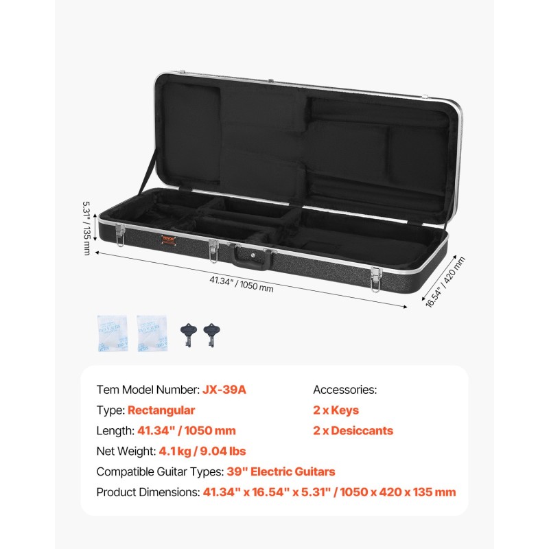 Suorakulmainen kovakotelo sähkökitaralle 1050 mm pehmustettu lukollinen kahdella avaimella