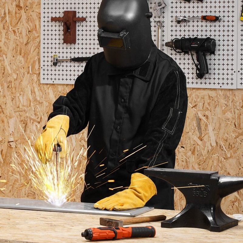 Hitsaustakki naudannahkaisilla hihoilla palosuojattu puuvillarunko XXL musta kaksi taskua