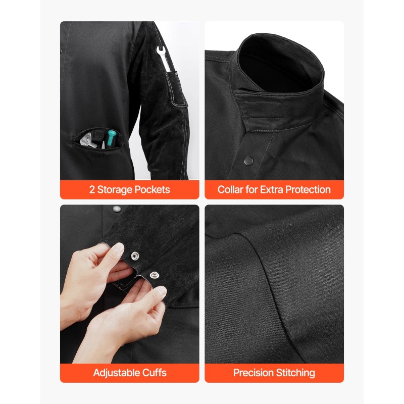 Palosuojattu hitsaustakki koko XL naudannahkaiset hihat palosuojattu puuvillarunko kaksi taskua musta