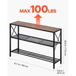 Kapea konsolipöytä 3 tasoa hiiliteräsrunko melamiinipinnoitetut ruskeat hyllyt musta runko