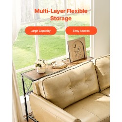 Kapea konsolipöytä 3 tasoa hiiliteräsrunko melamiinipinnoitetut ruskeat hyllyt musta runko