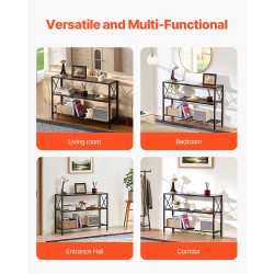 Kapea konsolipöytä 3 tasoa hiiliteräsrunko melamiinipinnoitetut ruskeat hyllyt musta runko