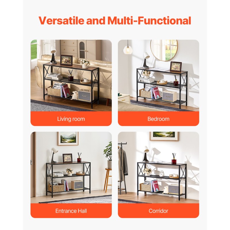 Kapea konsolipöytä 3 tasoa hiiliteräsrunko melamiinipinnoitetut ruskeat hyllyt musta runko