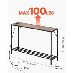 Kapea konsolipöytä hiiliteräsrunko melamiinipinnoitetut hyllyt 106 cm integroitu latausasema sohvan taakse