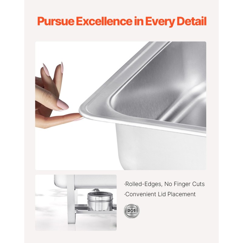 Buffet-lämmitysastiasetti 6-osainen ruostumattomasta teräksestä 7,5 litran tarjottimilla polttoaineella