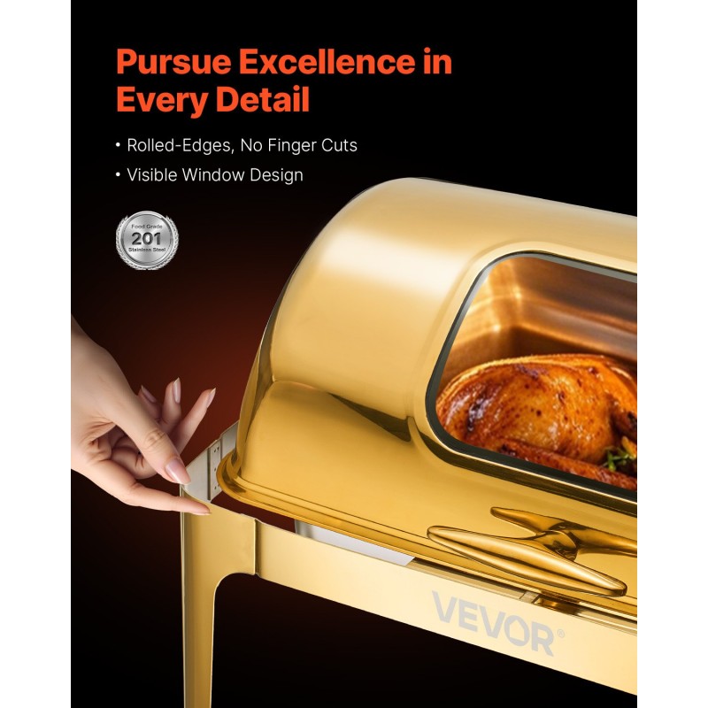 Tarjoiluastia ruostumattomasta teräksestä tehty täyskokoisella 8,5 l padilla rullakannella vesihauteella