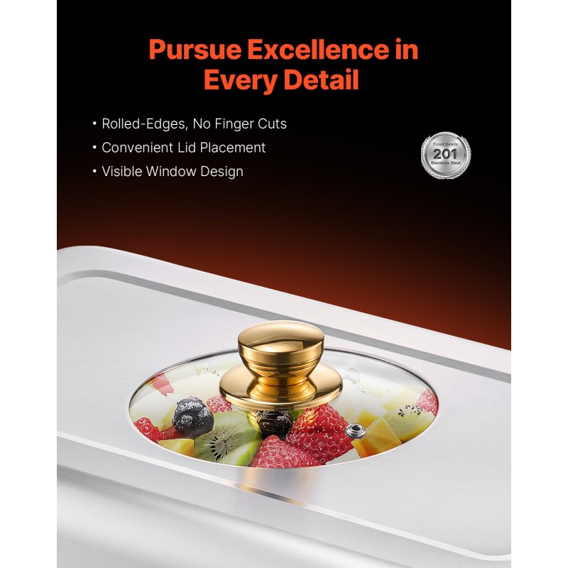 Buffet-vuokasarja ruostumattomasta teräksestä kullanväriset puolikokoiset neljän litran ruokavuoat neljä kappaletta lasikansilla