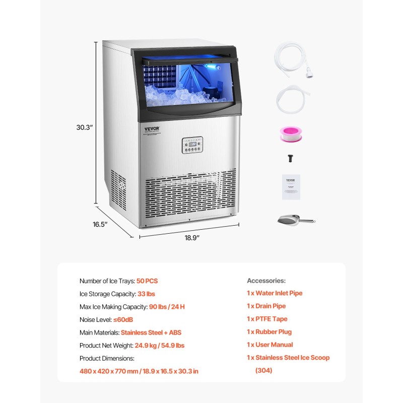 Jääpalakone ruostumaton teräs ja ABS-muovi 90 paunaa vuorokaudessa 33 paunan säiliö