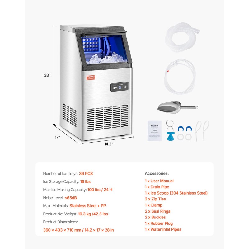 Vapaasti seisova kaupallinen jääpalakone 100 paunaa vuorokaudessa ruostumaton teräs itsepuhdistus