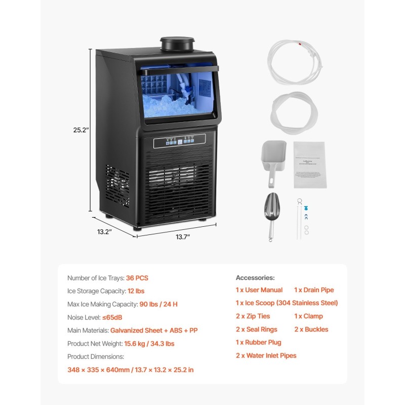 Vapaasti seisova jääpalakone ammattikäyttöön sinkitty teräs 90 paunaa vuorokaudessa 12 paunan jääsäiliö
