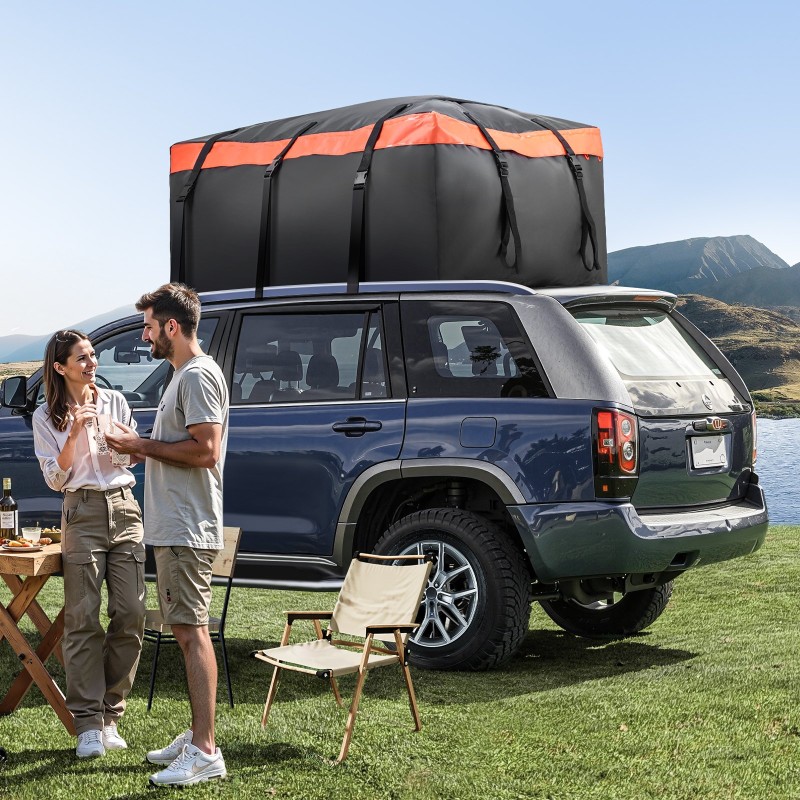 Kattolaukku 840D PVC 20 kuutiojalkaa musta-oranssi kiinnitys hihnoilla tai ovikoukuilla